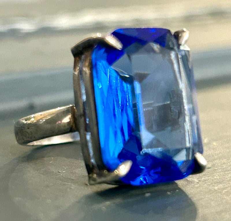 Sterling Silver Emerald Cut Blue Stone Ring – Size 7