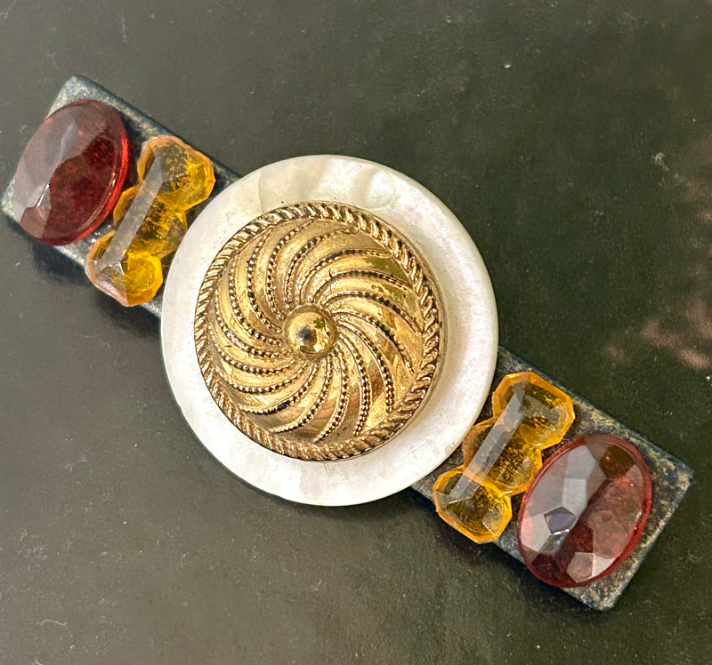 Vintage mother of pearl with orange and gold paste accents brooch