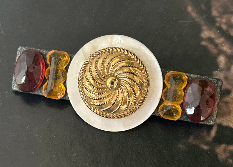 Vintage mother of pearl with orange and gold paste accents brooch