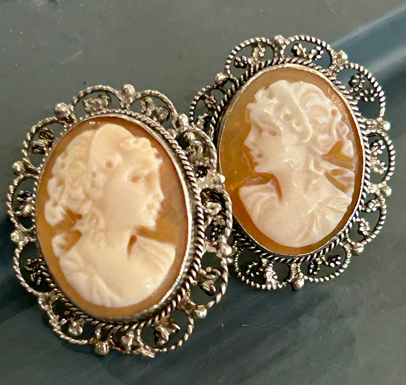 Vintage Italian Sterling Silver Shell Cameo Earrings – Classic Filigree Lady Portrait Earrings