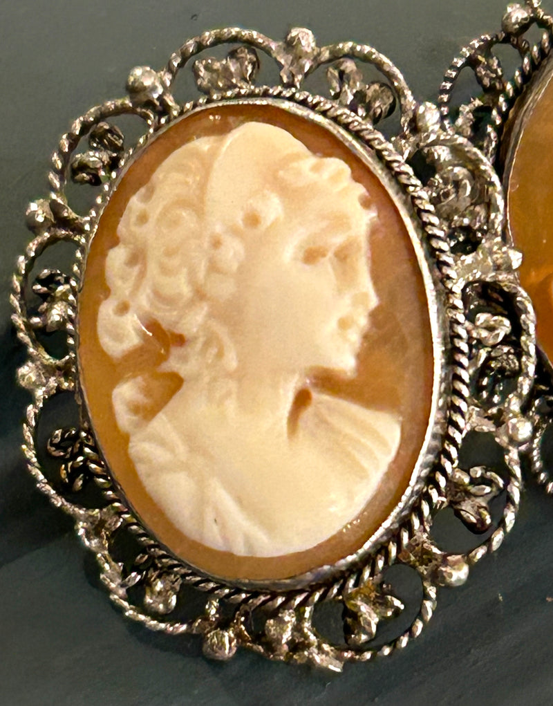 Vintage Italian Sterling Silver Shell Cameo Earrings – Classic Filigree Lady Portrait Earrings