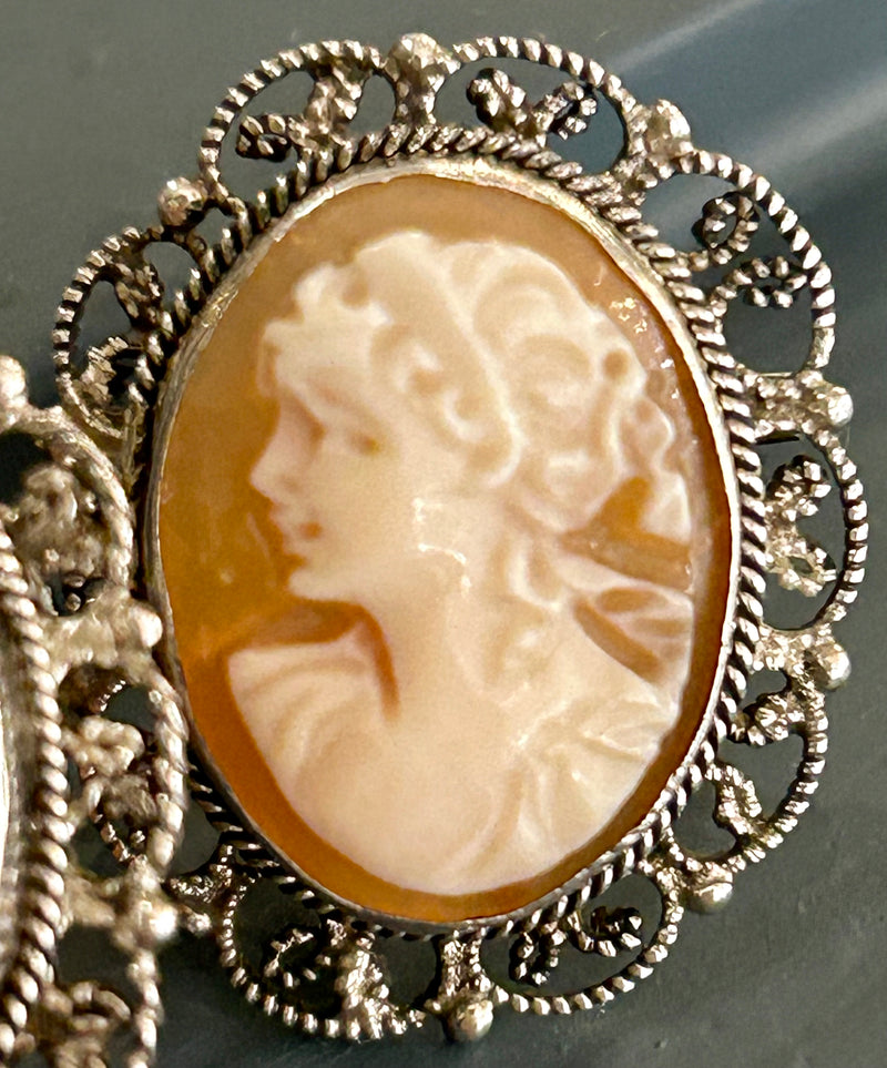 Vintage Italian Sterling Silver Shell Cameo Earrings – Classic Filigree Lady Portrait Earrings