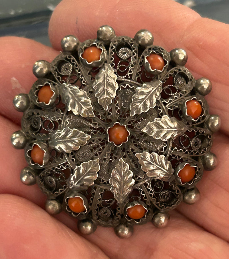 Vintage 800 Silver Coral Filigree Pin Brooch