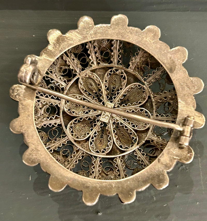 Vintage 800 Silver Coral Filigree Pin Brooch