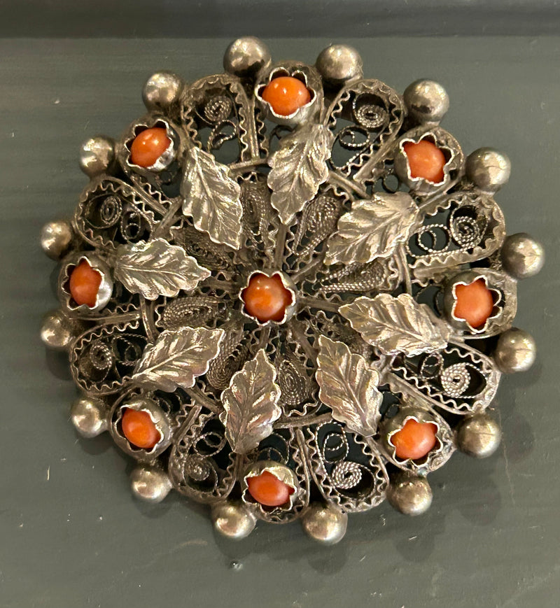 Vintage 800 Silver Coral Filigree Pin Brooch