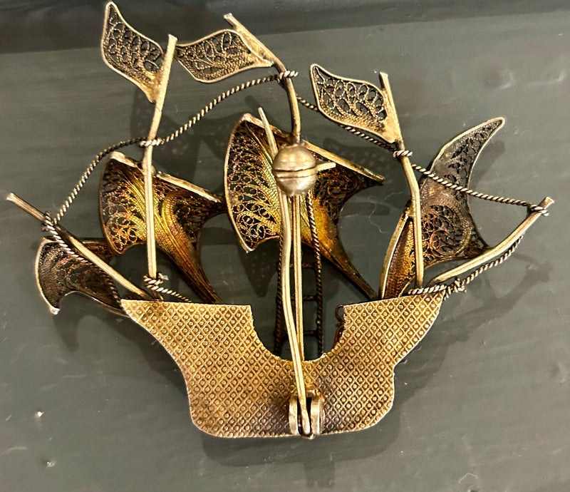 Vintage Brass & 800 Silver Filigree Galleon Brooch – Sailing Ship Pin – Intricate Maritime Statement Jewelry