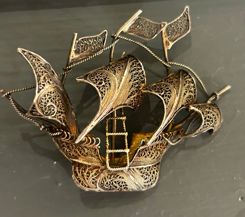 Vintage Brass & 800 Silver Filigree Galleon Brooch – Sailing Ship Pin – Intricate Maritime Statement Jewelry