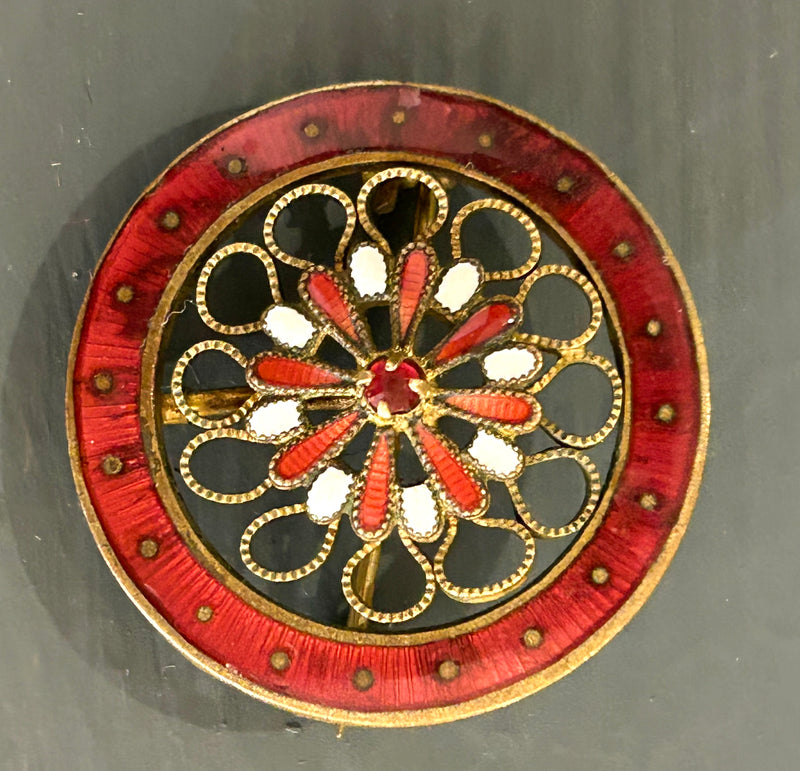 Victorian red and white enamel brooch with openwork details 1” diameter
