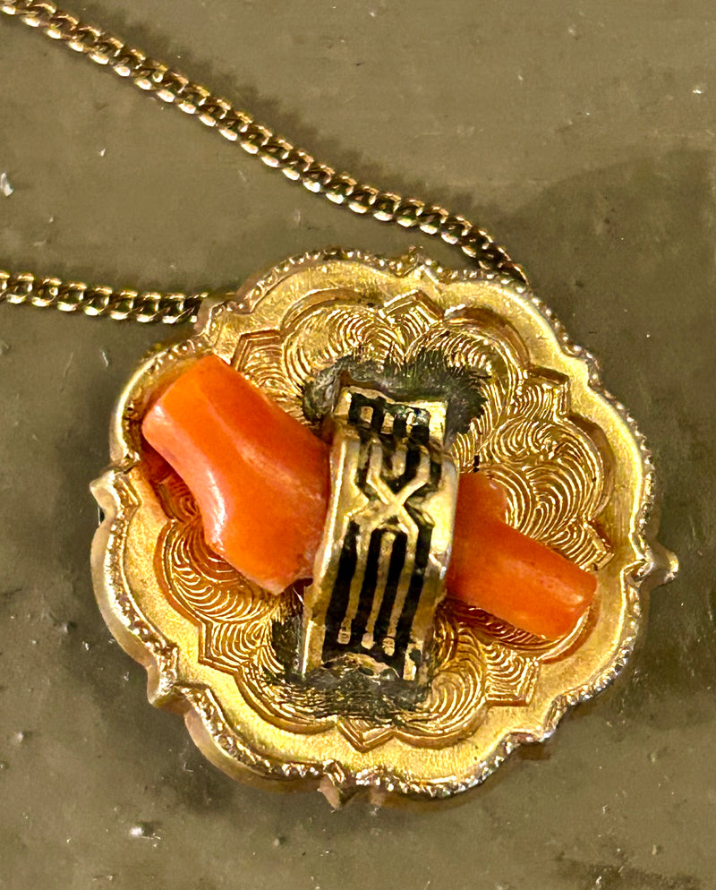 Victorian gold filled Love Knot with coral pin on 15” gold filled chain*
