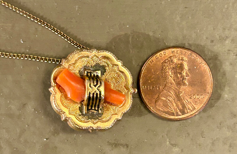 Victorian gold filled Love Knot with coral pin on 15” gold filled chain*