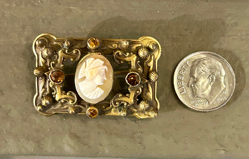 Victorian gold filled cameo brooch with citrine paste stones 1”x 1 1/2”