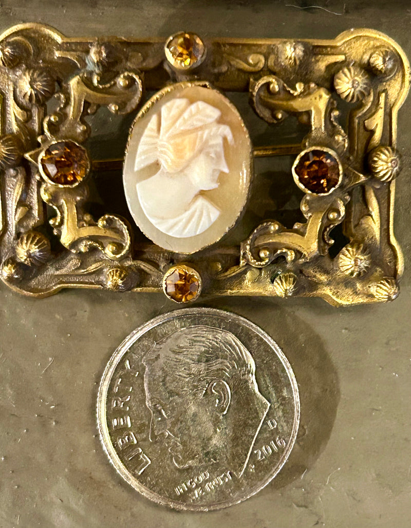 Victorian gold filled cameo brooch with citrine paste stones 1”x 1 1/2”