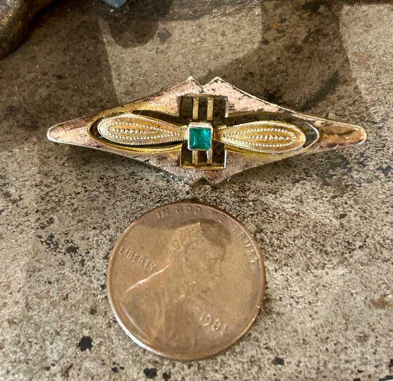 Victorian gold filled bar pin with a green paste center stone 1/2” x 1 1/2” *