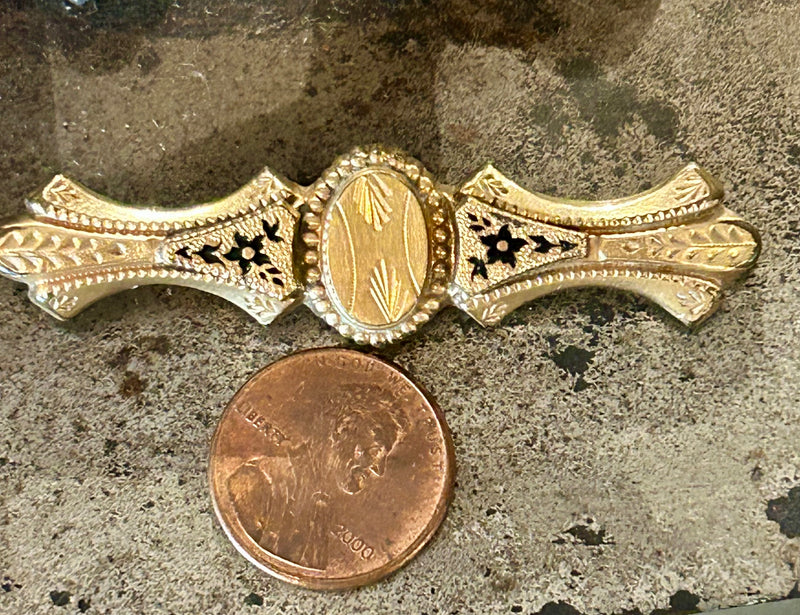 Victorian gold filled and enamel bar pin with floral design 1/2”x 2 1/4” *