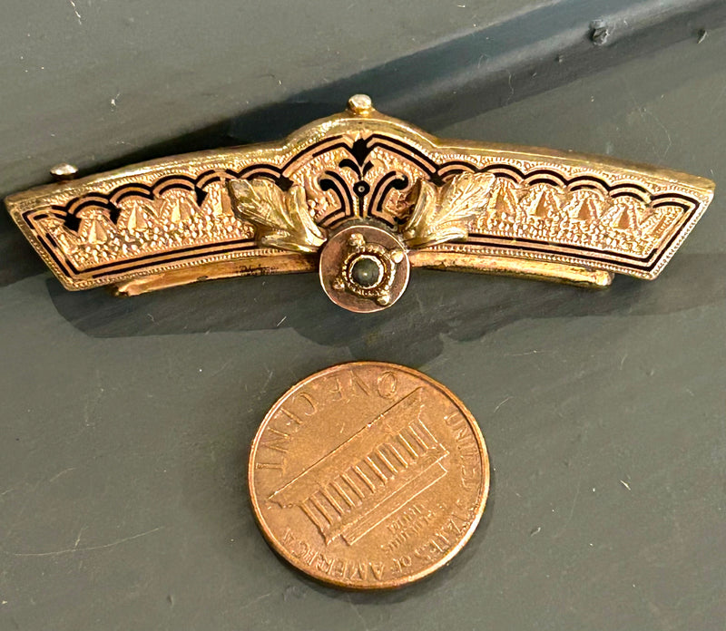 Victorian gold filled bar pin with enamel and leaf motifs 1/2” x 2 1/4” *