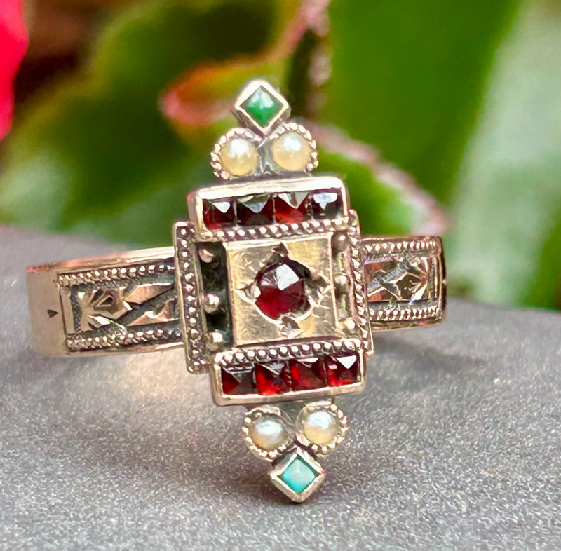 14K Victorian garnet, turquoise, and seed pearl ring size 8
