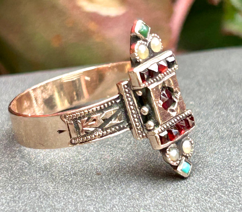 14K Victorian garnet, turquoise, and seed pearl ring size 8