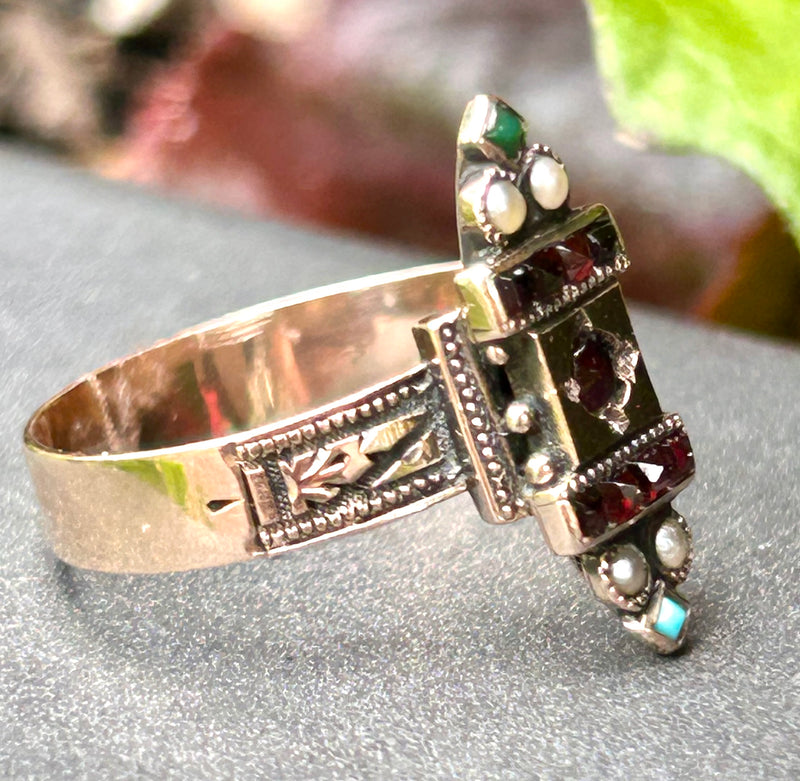 14K Victorian garnet, turquoise, and seed pearl ring size 8