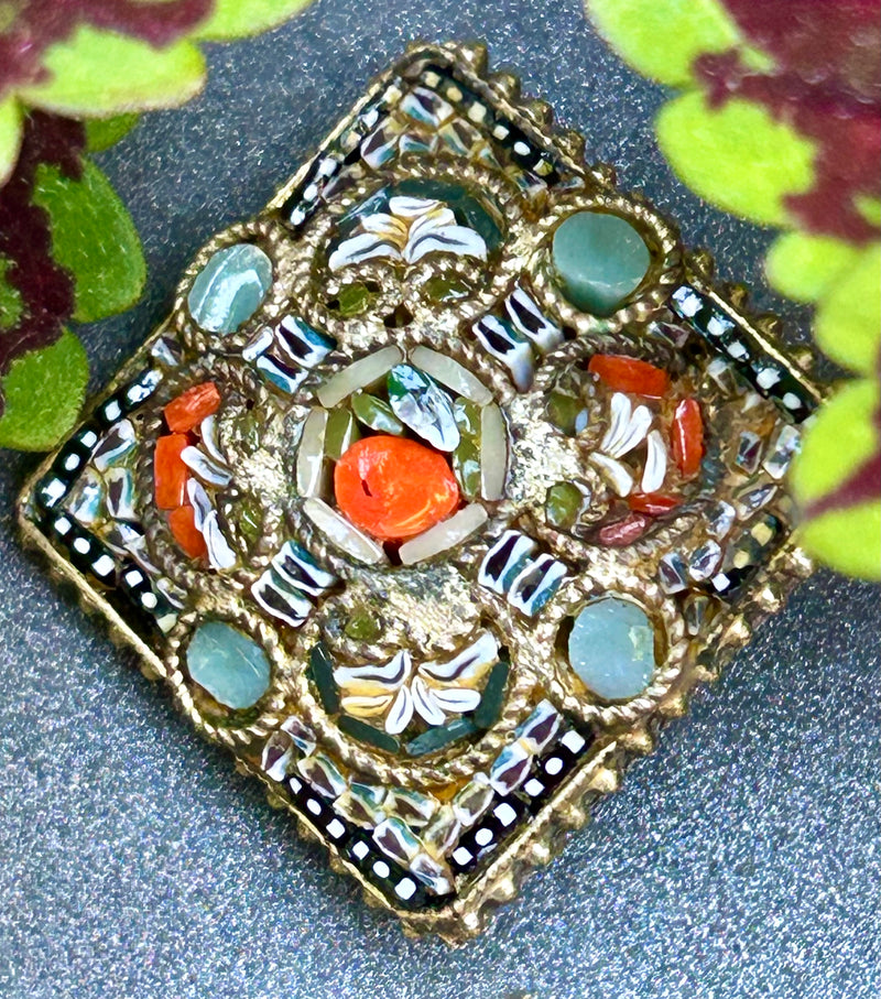 Vintage Micro Mosaic brooch hand crafted in Italy 1”x 1”
