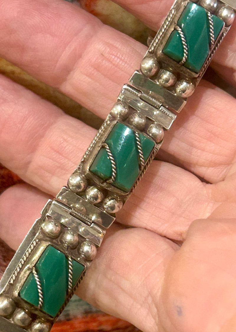 Sterling Silver Green Onyx Bracelet – Vintage Gemstone Bracelet – Elegant Statement Jewelry – 7 1/4"