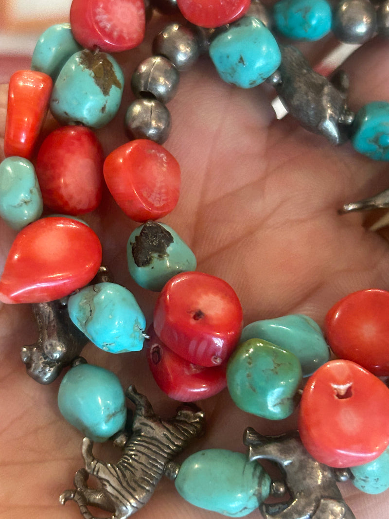 Vintage Zuni coral and turquoise with sterling animal charms 28” long