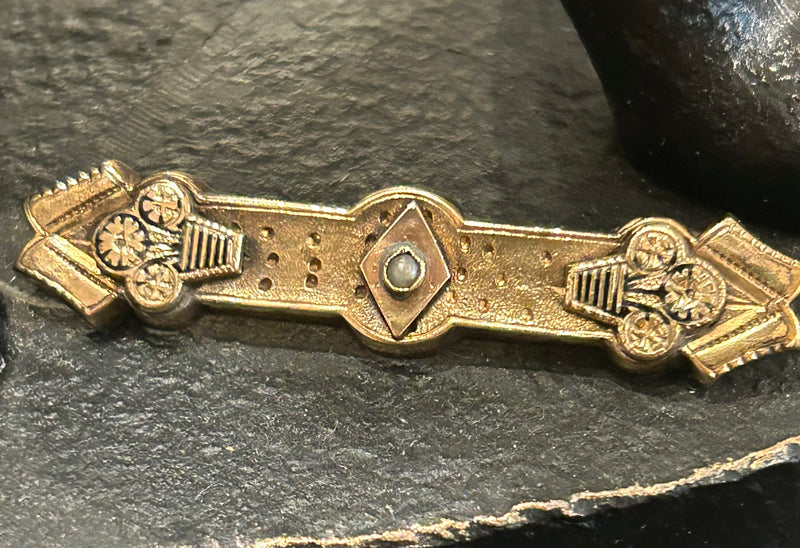 Victorian gold filled bar pin with floral details accented with a seed  pearl 1/2” x 2”