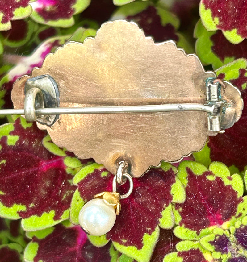 Victorian gold filled enamel brooch with pearl 1” x 1 1/2”