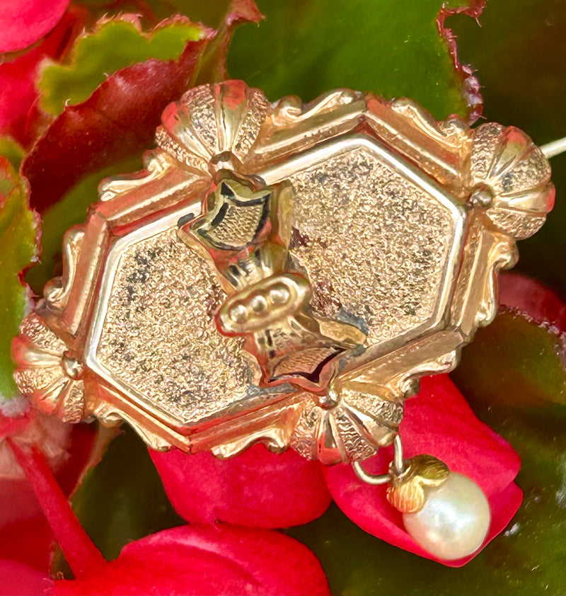 Victorian gold filled enamel brooch with pearl 1” x 1 1/2”