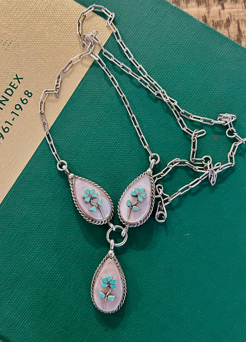 Sterling Silver American Indian MOP Turquoise Necklace 27" long