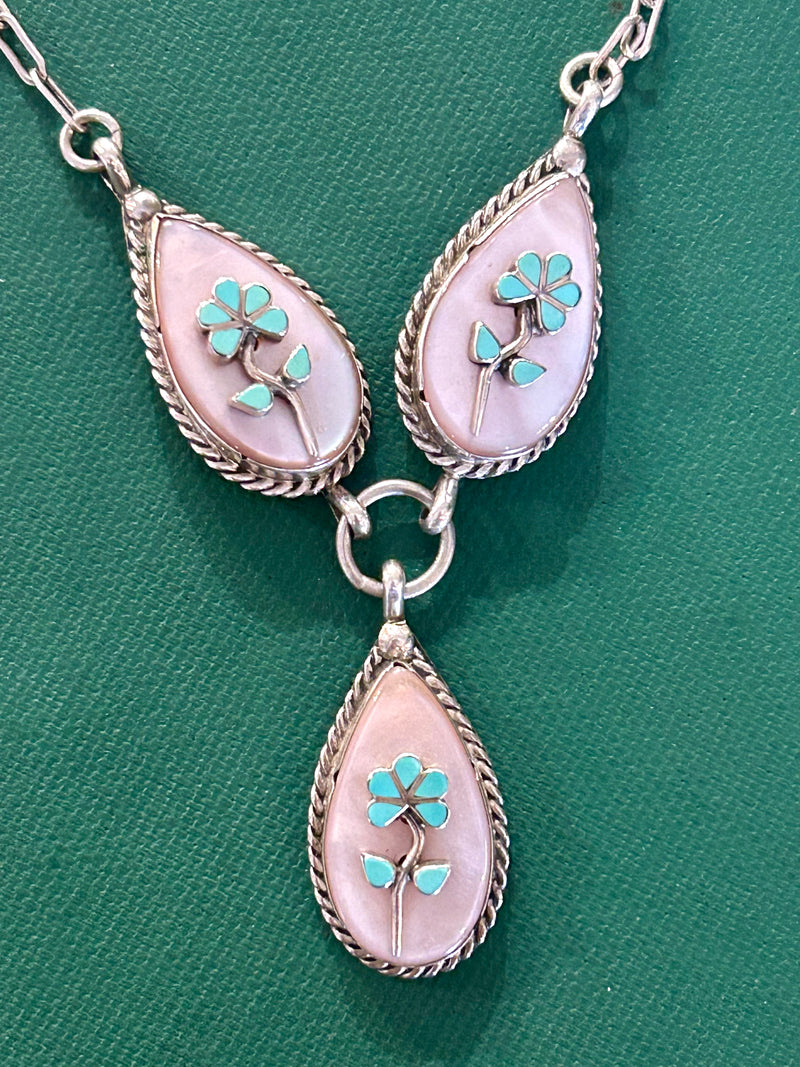Sterling Silver American Indian MOP Turquoise Necklace 27" long