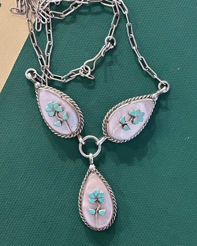 Sterling Silver American Indian MOP Turquoise Necklace 27" long
