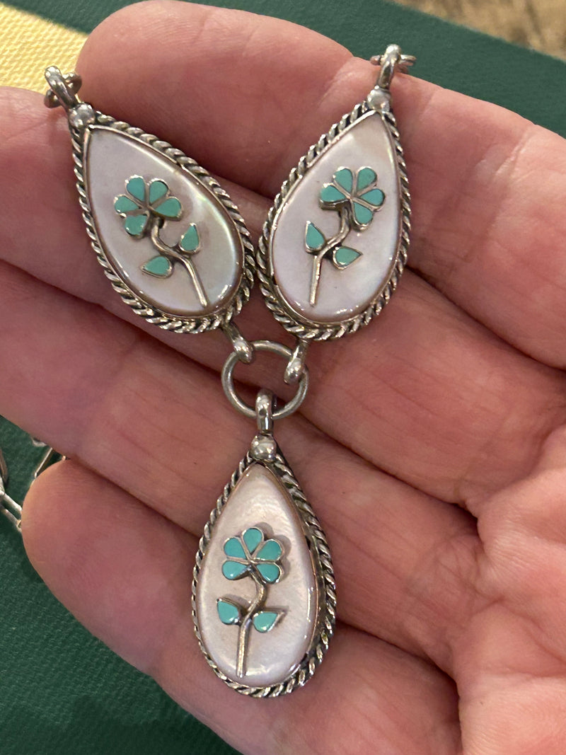 Sterling Silver American Indian MOP Turquoise Necklace 27" long