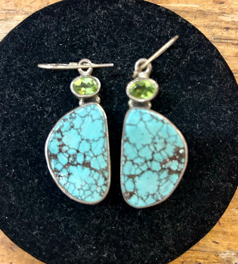 Sterling Silver Turquoise and Peridot earrings 5/8 W x 1 1.2 L
