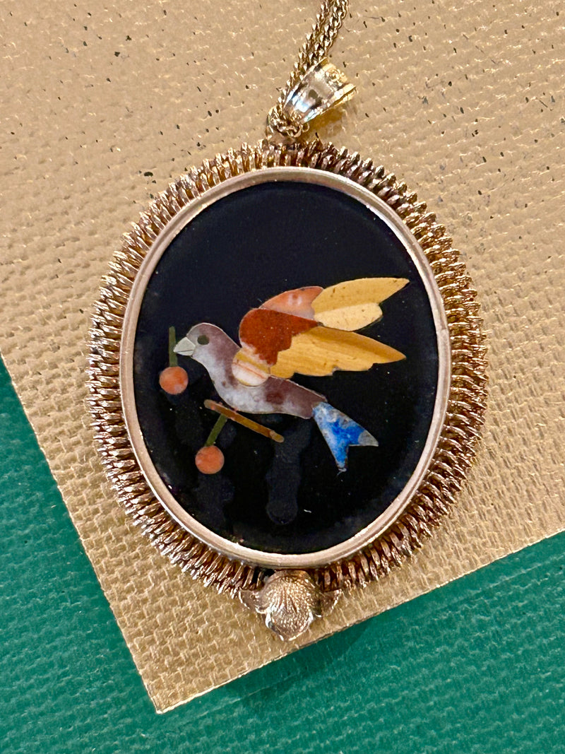 Victorian 14k Pietra Dura Necklace 19” long - pendant - 1-3/8” x 1-1/8”