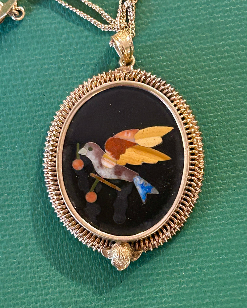 Victorian 14k Pietra Dura Necklace 19” long - pendant - 1-3/8” x 1-1/8”