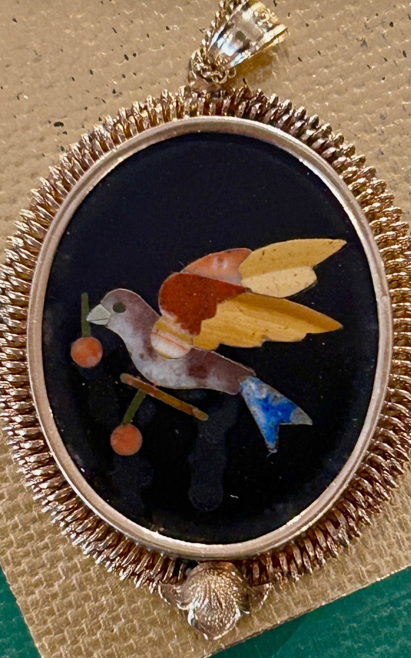 Victorian 14k Pietra Dura Necklace 19” long - pendant - 1-3/8” x 1-1/8”