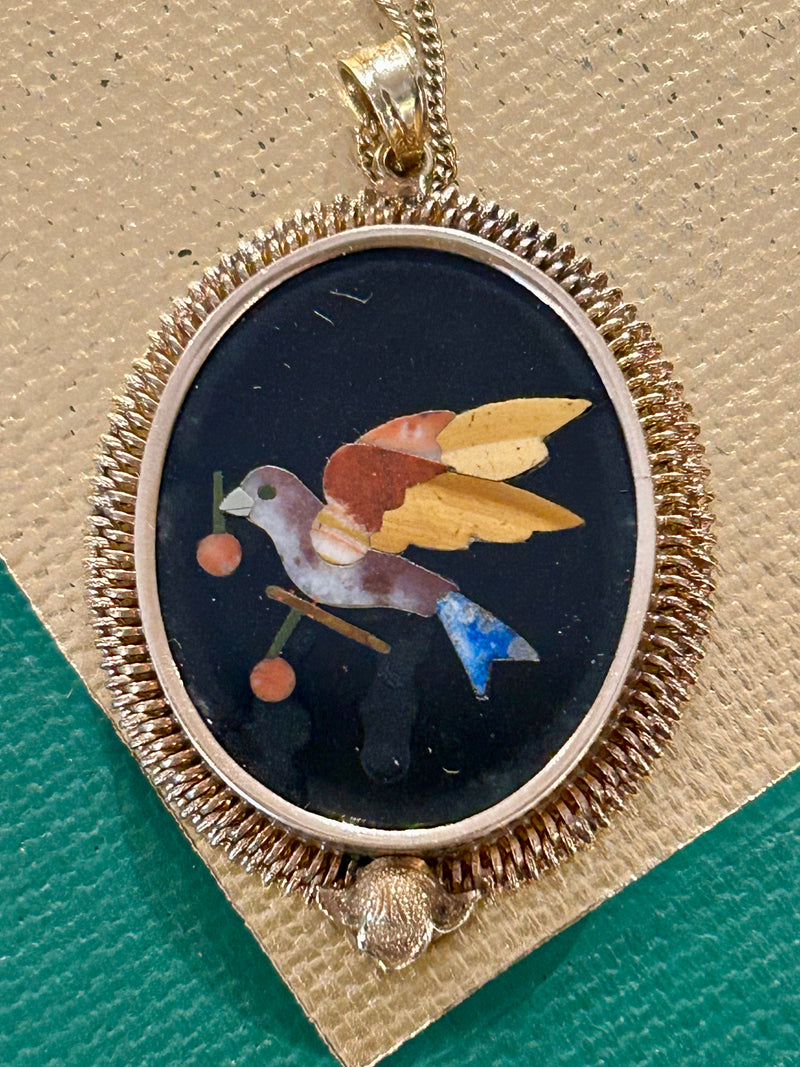 Victorian 14k Pietra Dura Necklace 19” long - pendant - 1-3/8” x 1-1/8”
