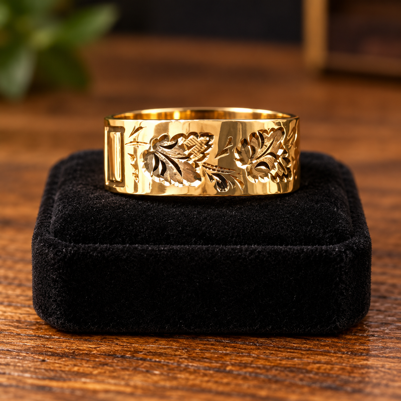 Victorian 14K Gold Leaf & Geometric Band Ring Size 7.75