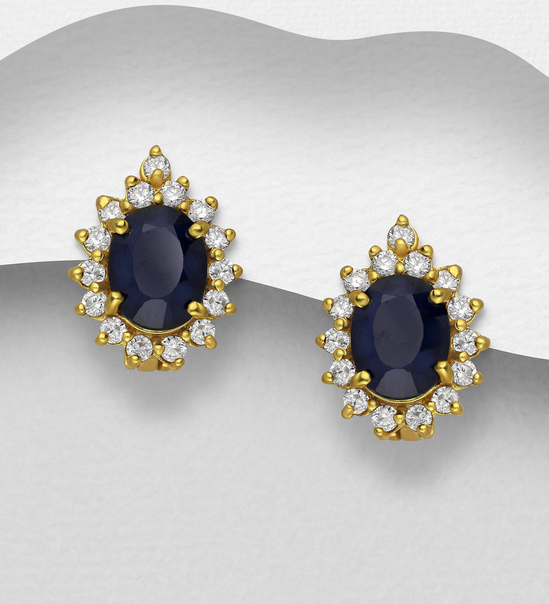 Sterling Silver Omega Lock Earrings, Decorated with Blue Sapphire and CZ Simulated Diamonds, Plated with 1 Micron 18K Yellow Gold
