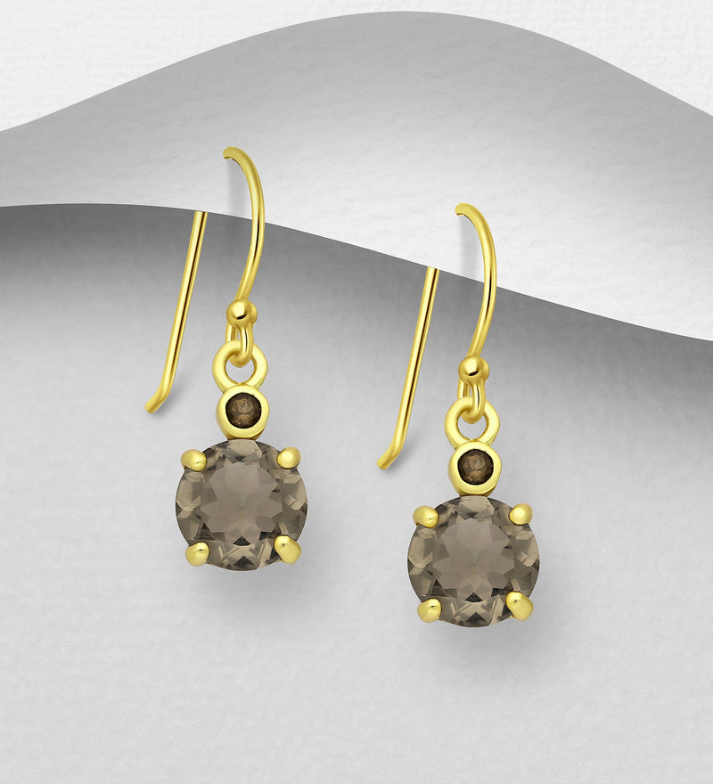 Sterling Silver Hook Earrings, Decorated with Smoky Quartz, Plated with 0.5 Micron 18K Yellow Gold