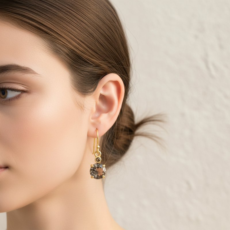 Sterling Silver Hook Earrings, Decorated with Smoky Quartz, Plated with 0.5 Micron 18K Yellow Gold