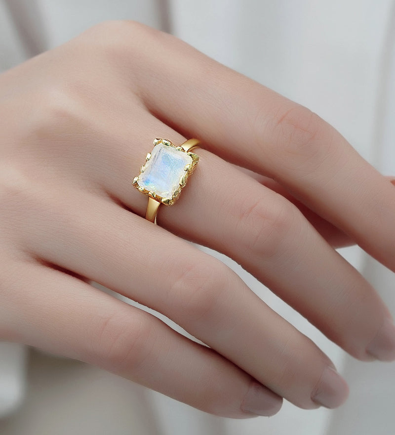 Sterling Silver Ring, Decorated with Rainbow Moonstone, Plated with 0.3 Micron 18K Yellow Gold