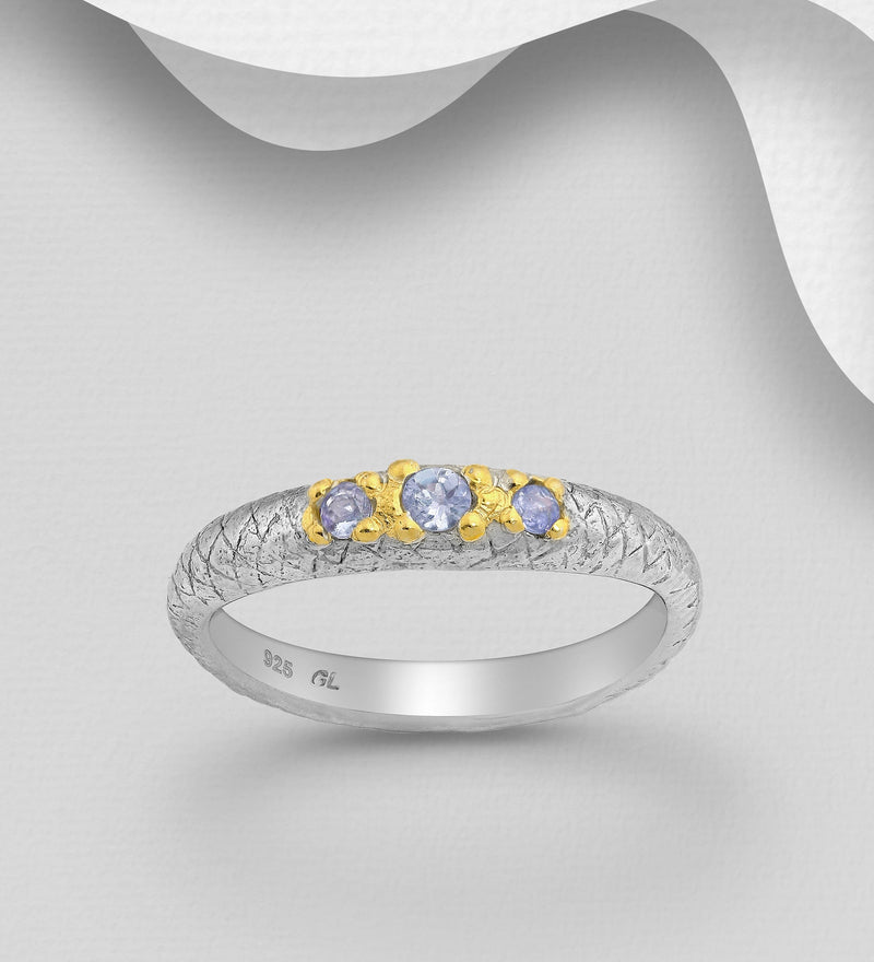 Sterling Silver Ring, Decorated with Tanzanites, Plated with 3 Micron 22K Yellow Gold and White Rhodium