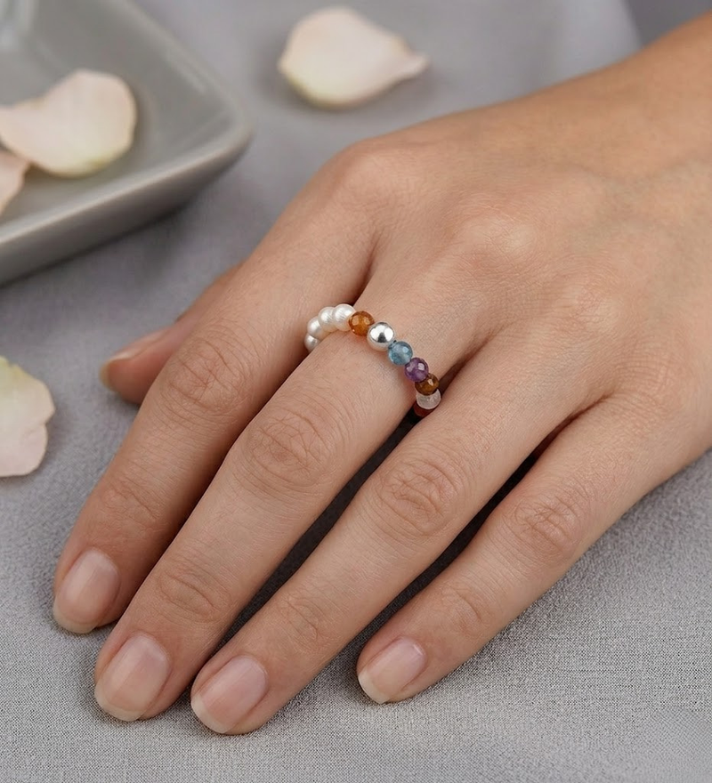 Sterling Silver Ball Stretch Ring, Beaded with Freshwater Pearls and Various Gemstone Beads