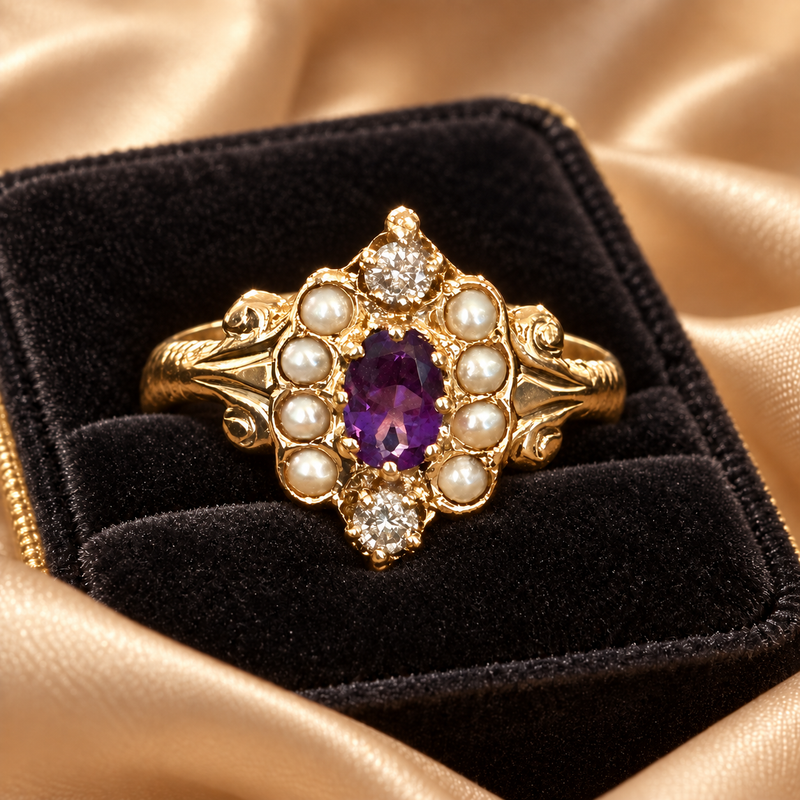Victorian 14K amethyst, dia. & seed pearl size