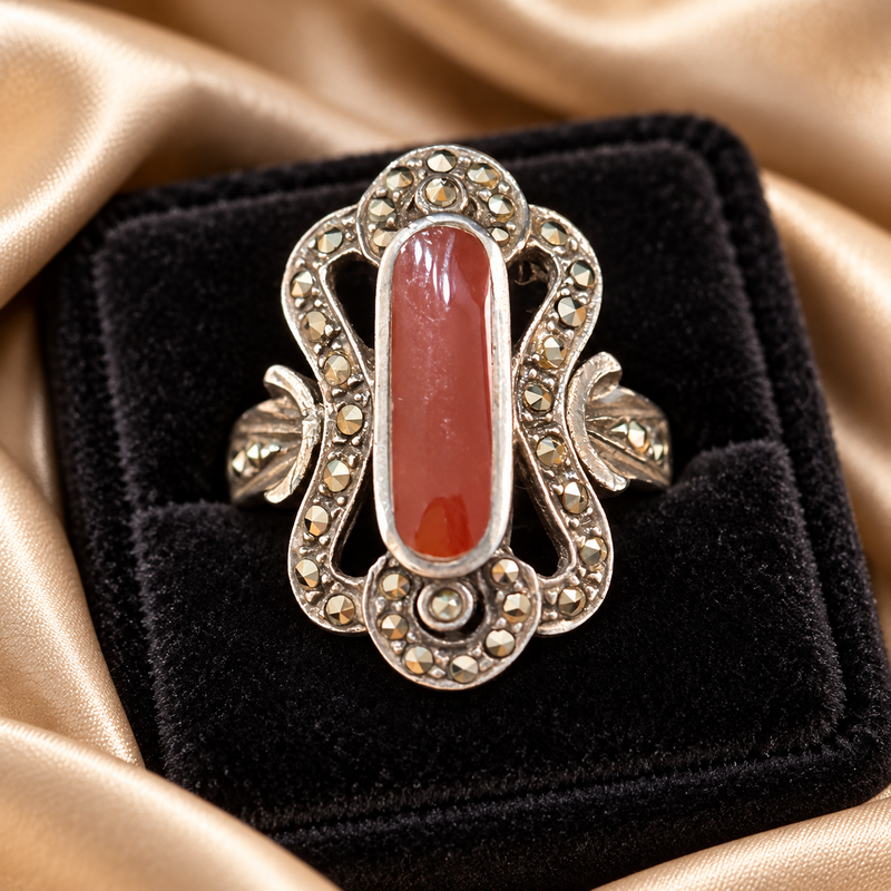 Art Deco Sterling Silver Marcasite & Carnelian Ring