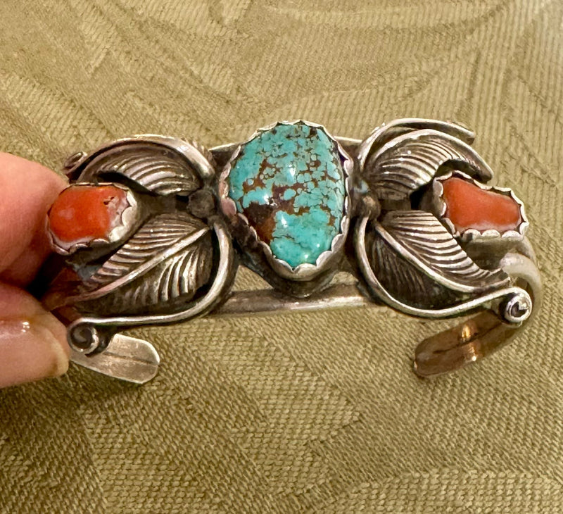 Sterling silver Navajo Turquoise and coral cuff