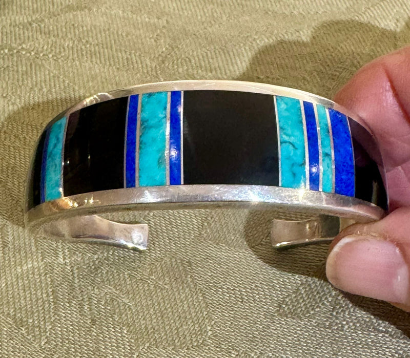 Sterling silver in laid Turquoise, coral and lapis cuff
