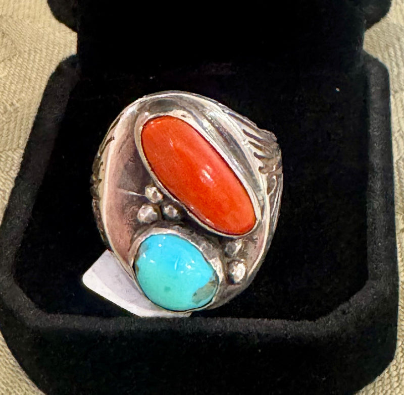 Sterling silver Navajo Turquoise and coral ring, size 9 1/2