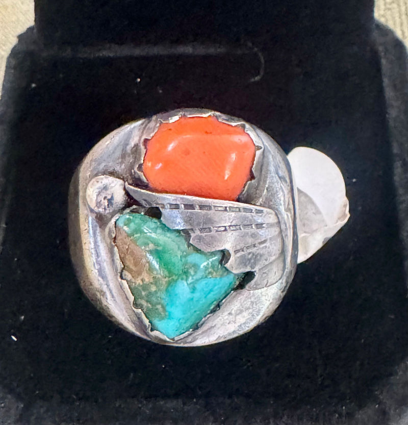 Sterling silver Navajo Turquoise and coral ring, size 10 1/2